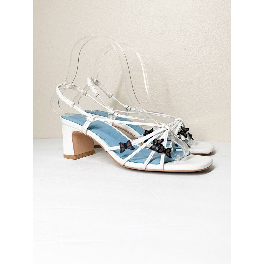 Lisa Says Gah Mariposa Sandals Block Heels 6 White Leather Squared Toe Butterfly